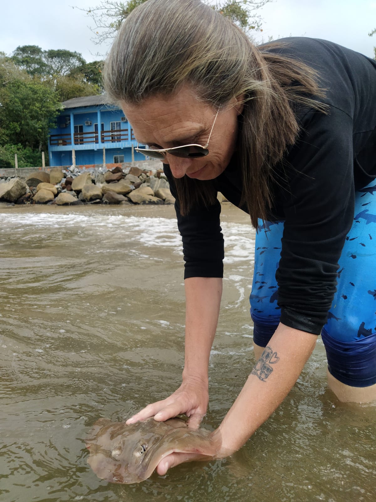 Márcia, uma turista de férias realizando a soltura de uma raia-gardino com o auxílio da equipe do Programa Rebimar. Foto: Eloísa Pinheiro Giareta.